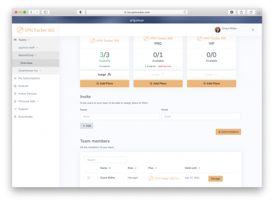 personalized team overview in my.vpntracker