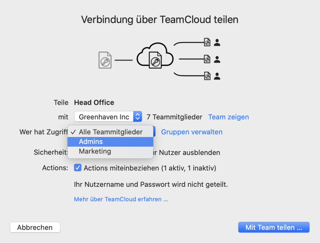 Eine VPN-Verbindung über die TeamCloud mit einer Gruppe teilen