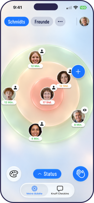 Knuff family check in app, green, amber, red view