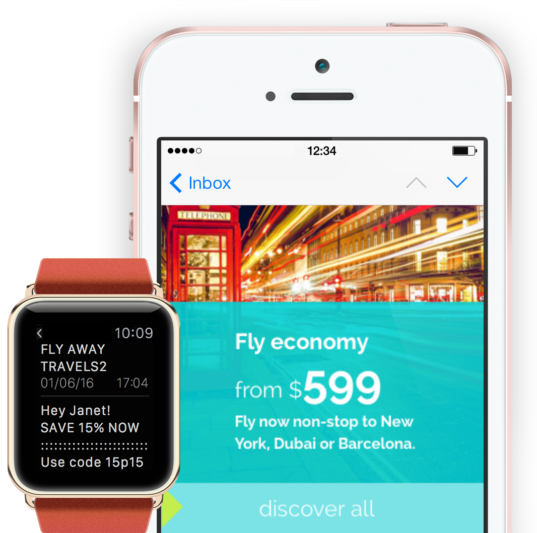 An iPhone displaying an email advertising "Fly economy from $599" with a cityscape background. An Apple Watch in the foreground shows a notification for "FLY AWAY TRAVELS2" with a 15% discount code, demonstrating the responsive design capabilities of Mail Designer 365 across devices.