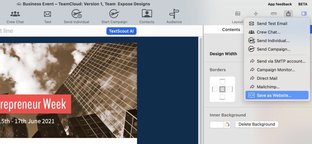 Mail Designer 365 export menu showing the Save as Website option to export email as webpage
