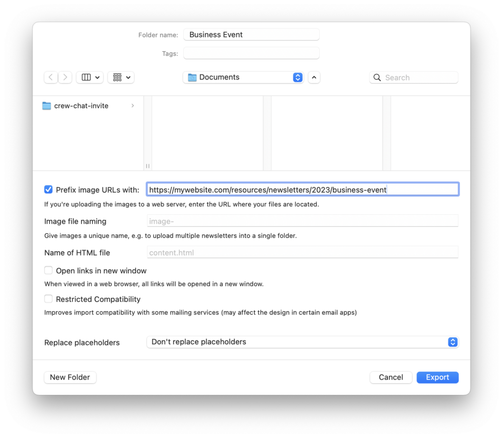 Mail Designer 365 export dialog with image URL prefix option to export email as webpage