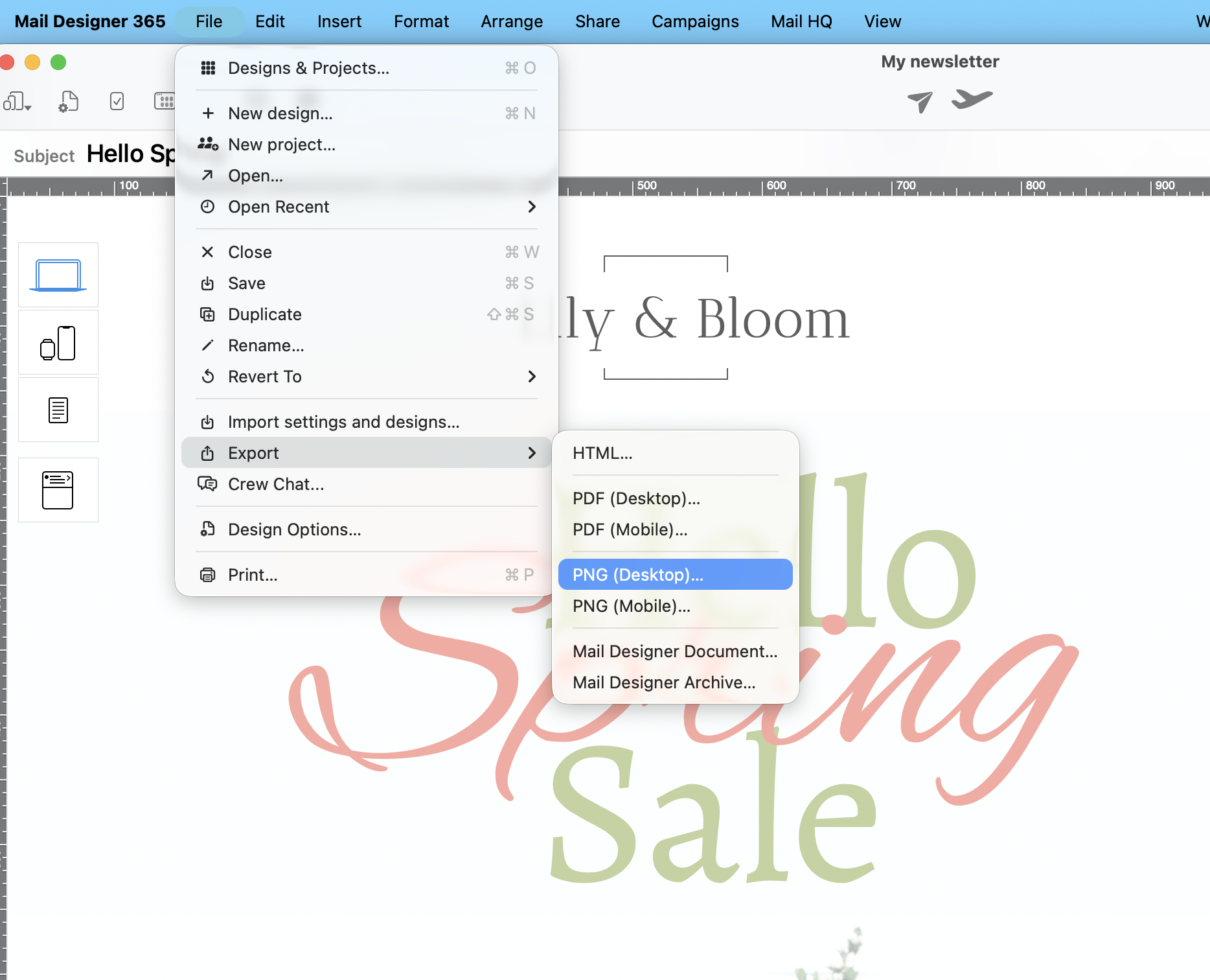 export as a png via the app menu