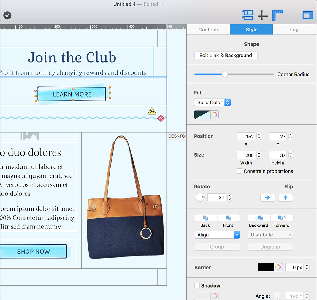 A screenshot of the Mail Designer 365 software interface, showing the "Style" tab selected. On the left, an email template features a "Join the Club" section with a "LEARN MORE" button. On the right, the style properties of the selected button are visible, including options for shape, fill, position, size, rotation, and border. Below, a product image of a two-toned handbag is displayed within the email layout.