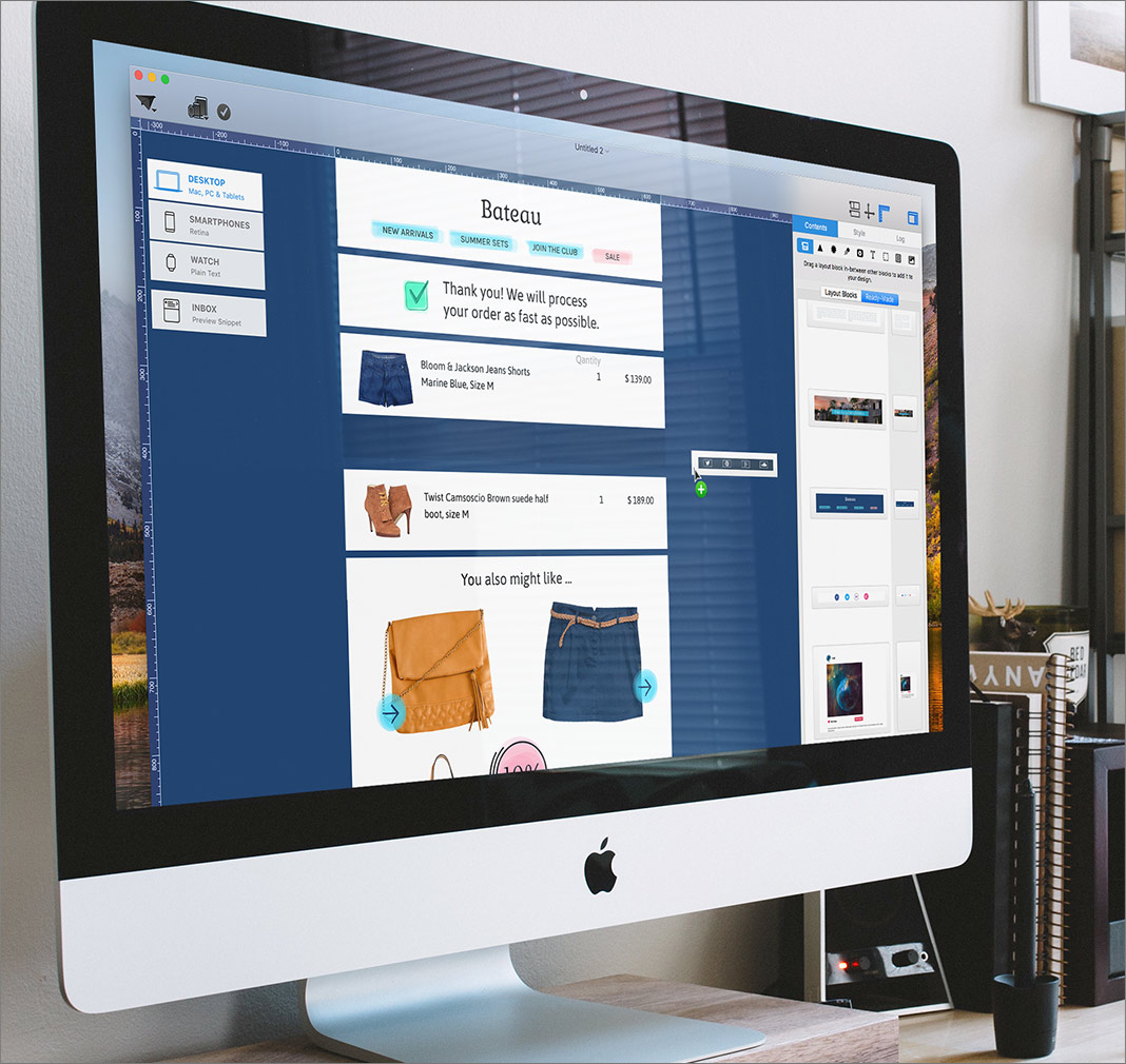 An iMac displaying the Mail Designer 365 software interface, showing an email template for an order confirmation. The template includes product listings (jeans, boots) and a "You might also like..." section with accessories (bag, skirt). The software's preview pane on the left shows options for desktop, smartphone, and Apple Watch views, highlighting its responsive design capabilities.