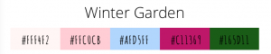Winter Garden holiday color palette featuring festive hex codes #FFF4F2, #F1C0CB, #A4D5FF, #C11369, and #1A5D11