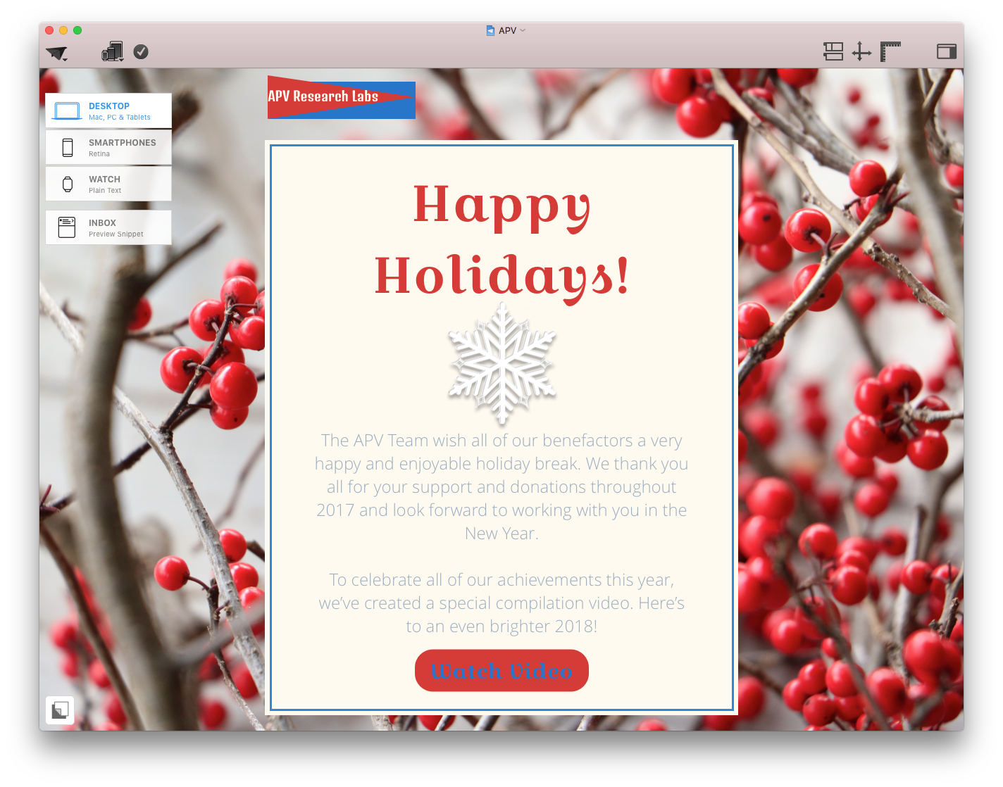 Holiday email design using festive colors with red call-to-action button and seasonal greeting in Mail Designer 365