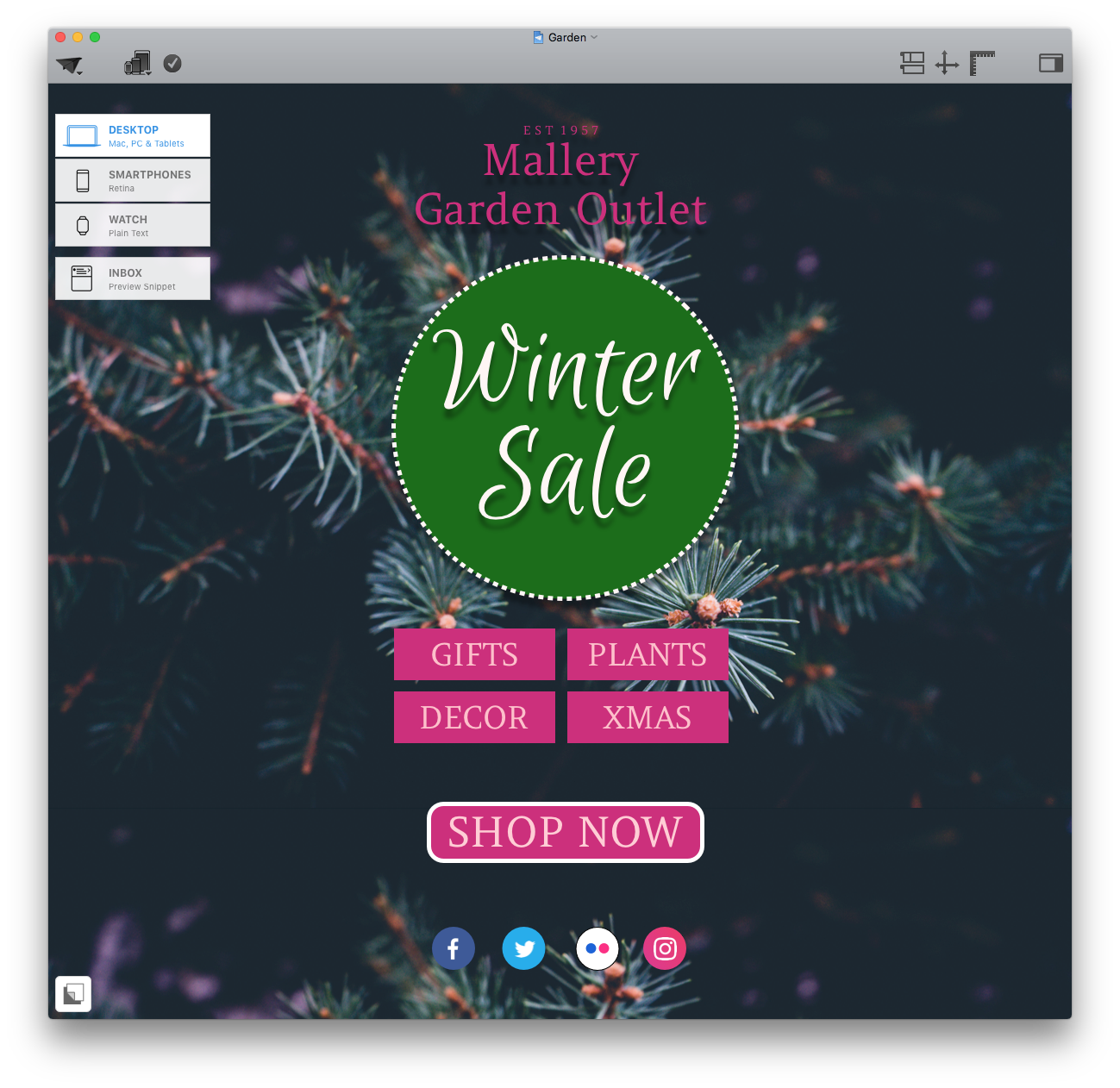 Holiday email design with festive color palette using green and pink for winter sale promotion in Mail Designer 365