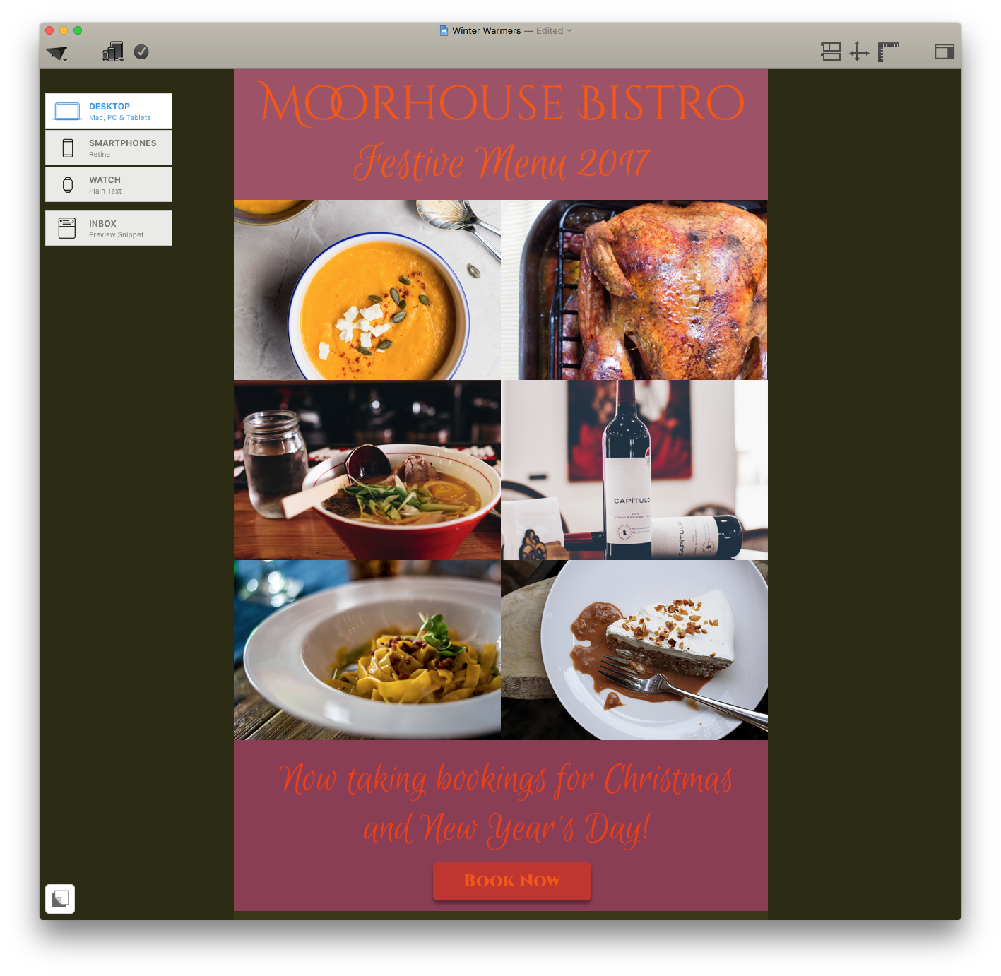 Festive email design for holiday menu featuring warm color palette, seasonal food imagery, and red call-to-action in Mail Designer 365