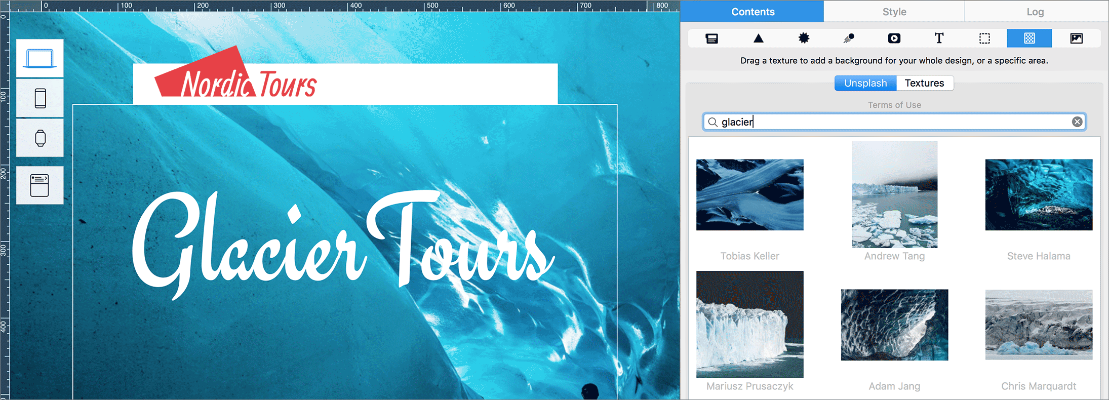 A screenshot of the Mail Designer 365 email design software. The left side shows a "Nordic Tours" email template with "Glacier Tours" text overlaid on an icy blue background. The right sidebar displays the "Contents" tab, open to a search for "glacier" textures from Unsplash, with several glacier-themed images available for selection.