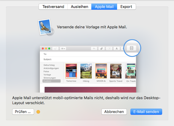 Apple Mail Export in Mail Designer 365 auswählen
