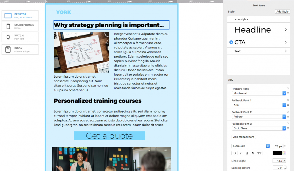 A Mail Designer 365 interface showing a newsletter design focused on 'Why strategy planning is important...' with a prominent 'Get a quote' call to action. This image illustrates how Montserrat Email fonts can be used to create impactful CTAs and define a powerful typeface within a Mail Designer 365 newsletter.