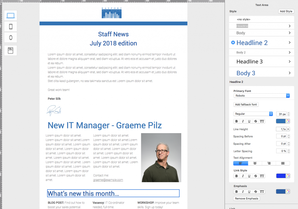 Email newsletter design using Roboto as the primary email font, with clean and professional layout elements and style settings visible in the editor.
