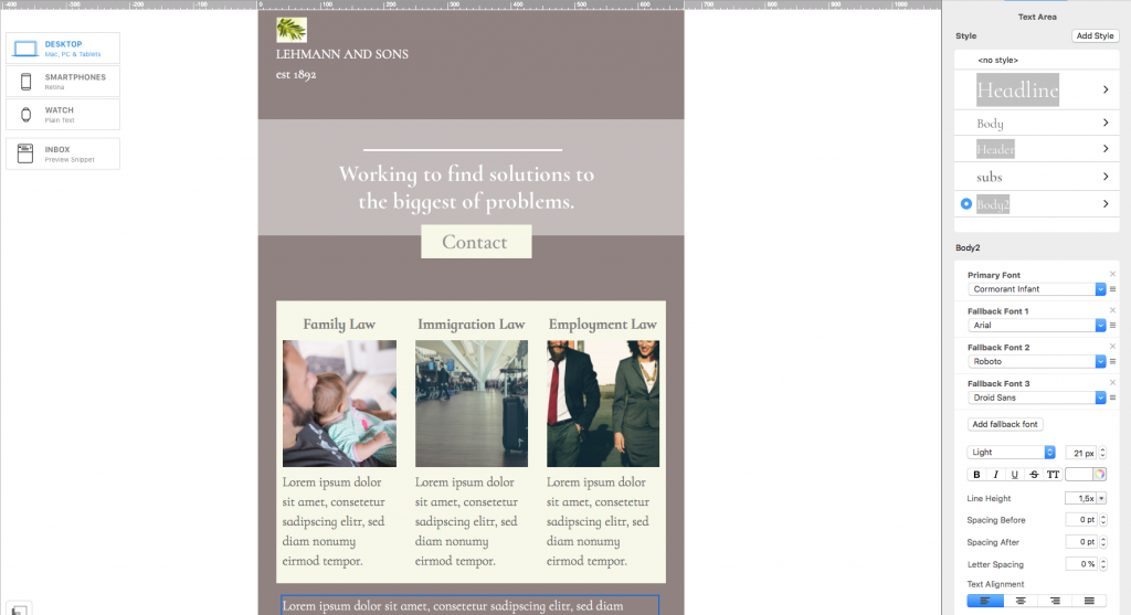 A Mail Designer 365 interface showcasing a professional newsletter design with a legal or business theme, featuring various layout options and font selections. The primary used email font is Cormorant Infant. This image demonstrates how different Email fonts can be applied within Mail Designer 365 for a traditional business newsletter.