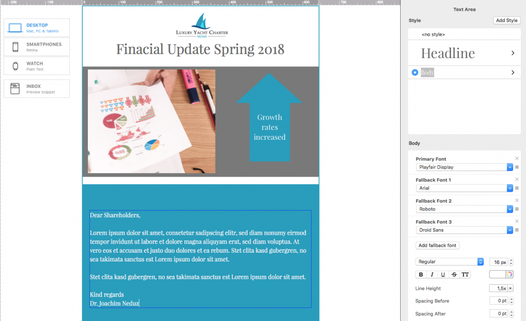 A Mail Designer 365 interface displaying a newsletter design titled 'Financial Update Spring 2018,' featuring charts, text boxes, and a prominent call to action. This image illustrates how Playfair Display or similar elegant Email fonts can be used to create professional business announcements within a Mail Designer 365 template.