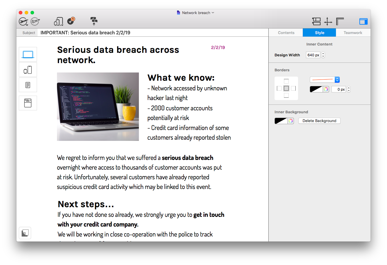 Crisis communication email layout in Mail Designer 365