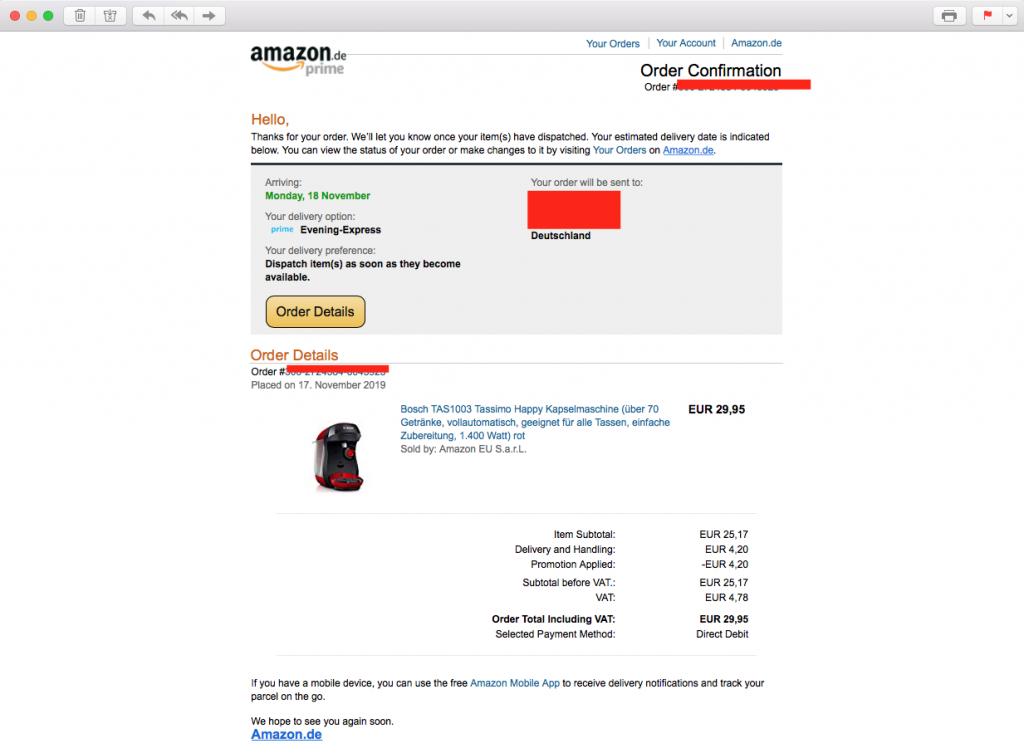 Purchase confirmation transactional email template example from Amazon