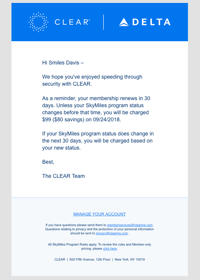 Auto-renewal reminder transactional email template example from Clear