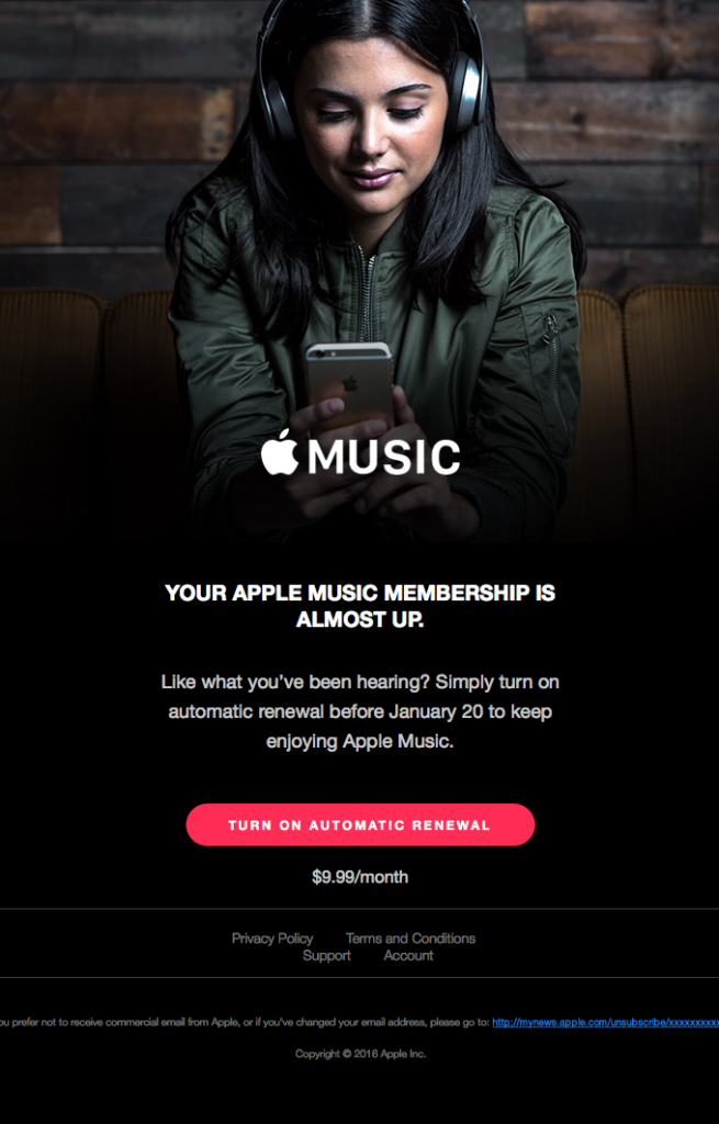 Subscription renewal transactional email template example from Apple Music