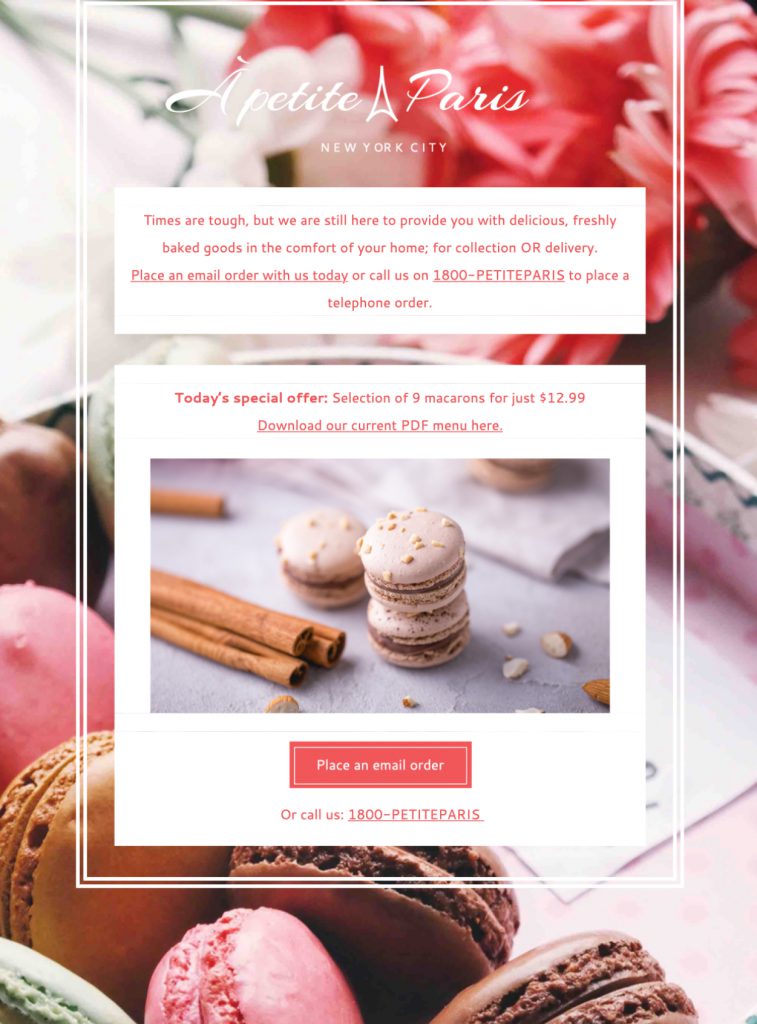 An email template for bakeries and cafes from "A Petite Paris New York City," featuring an offer for macarons and options to place an email or phone order. This design was created by Mail Designer 365 and includes mobile and desktop versions, ensuring it's a mobile-ready email design built in Mail Designer 365, perfect for newsletters and campaigns.