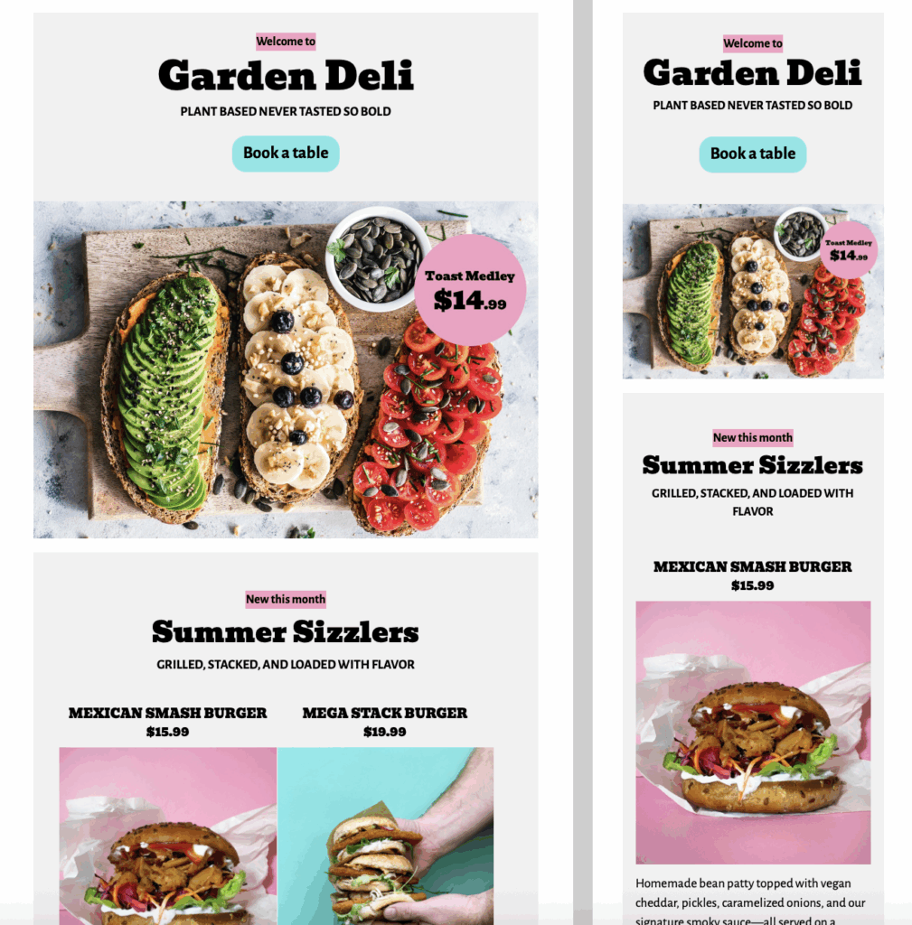 Vegan restaurant email template showcasing summer specials and desserts – features plant-based smash burger, stacked burger, berry brownie tower, and raspberry tarte.