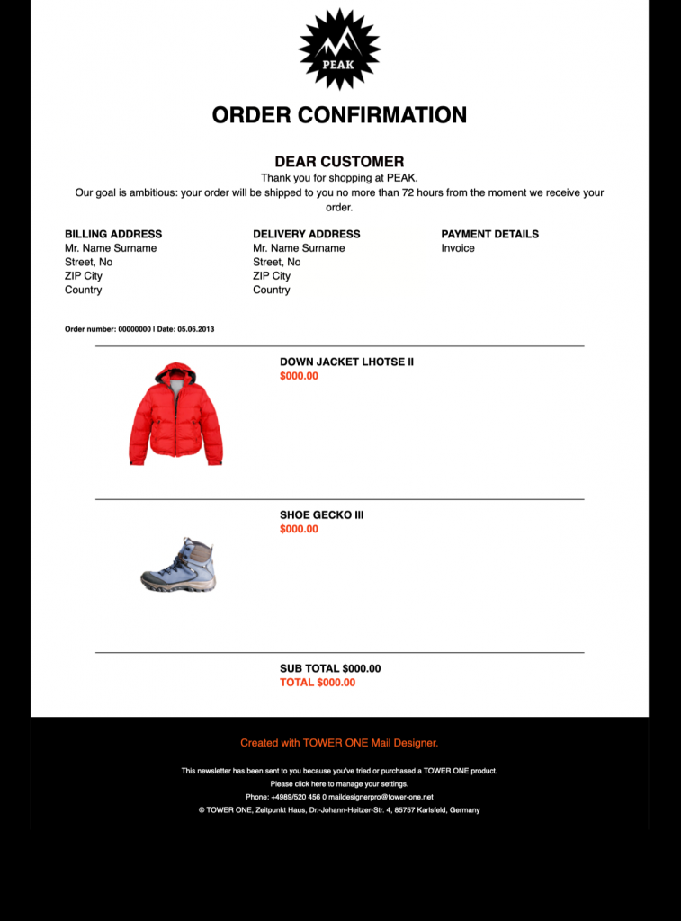An order confirmation email template displaying a "PEAK" brand order confirmation for a down jacket and shoes, designed by Mail Designer 365. This template includes mobile and desktop versions, ensuring it's a fully responsive HTML newsletter design built using Mail Designer 365’s powerful email editor.