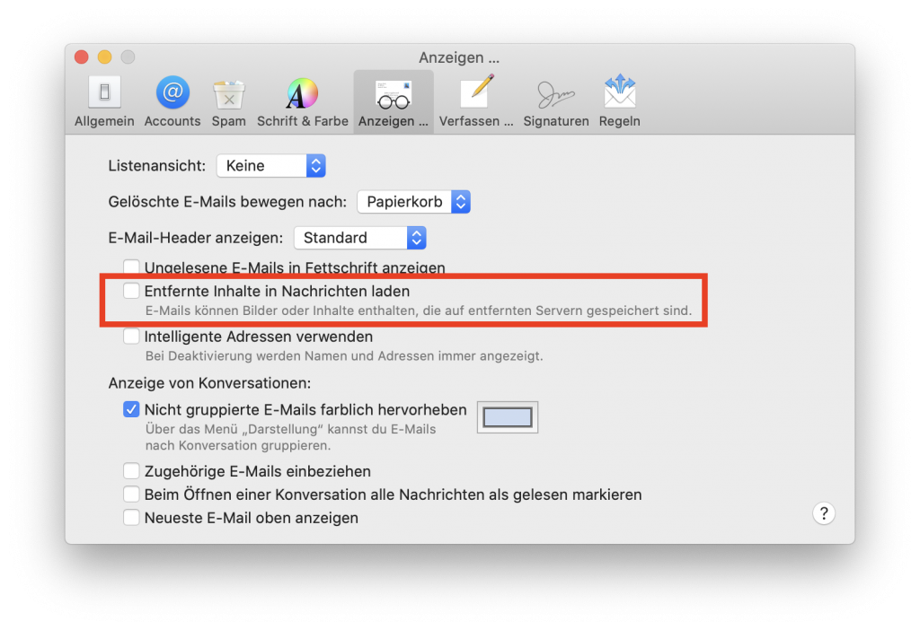 Das Anzeigen von entfernten Inhalten in Apple Mail deaktivieren