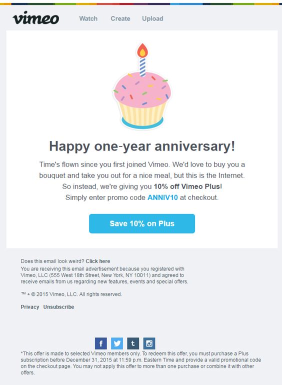 Vimeo anniversary email examples with promotion and customer discount
