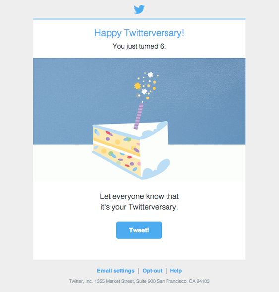 Twitter customer anniversary email examples with call to action