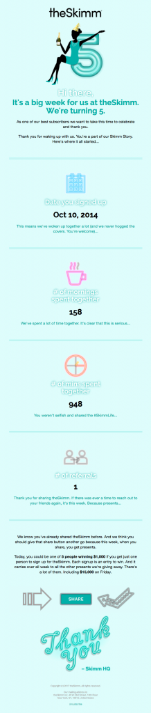 theSkimm anniversary email examples highlighting shared experiences