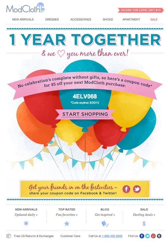 ModCloth customer anniversary email examples with colorful design