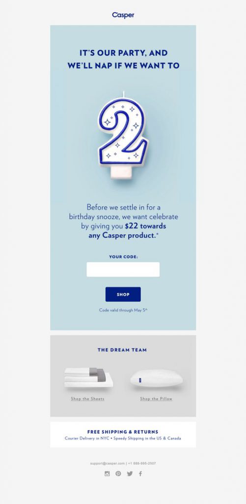 Casper business anniversary email examples celebrating company birthday