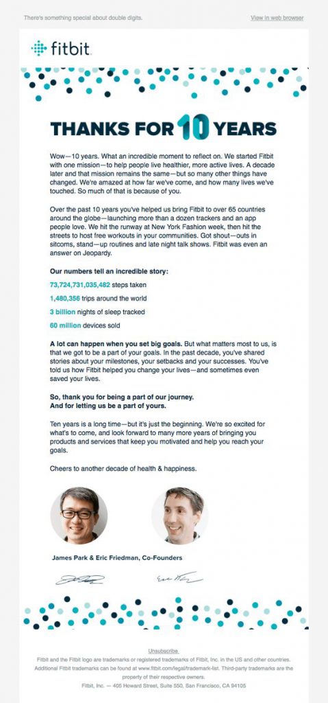 Fitbit business anniversary email examples with milestone achievements