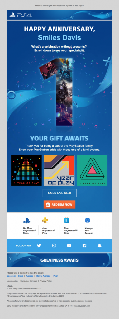 PlayStation personalized anniversary email examples with bonus content