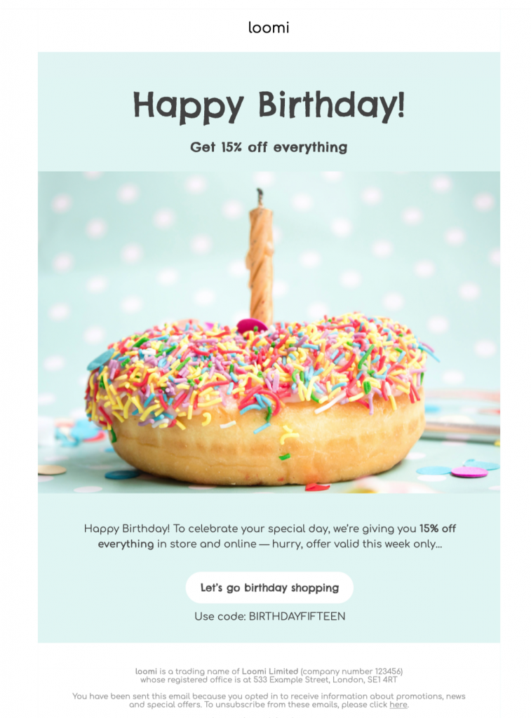 Happy Birthday HTML email template – A responsive HTML email design optimized for newsletters and created with Mail Designer 365. A "Happy Birthday" email template from "loomi" offering 15% off everything, featuring a large donut with colorful sprinkles and a single candle. The design is displayed in a single, portrait-oriented view, implying its mobile-friendly nature.