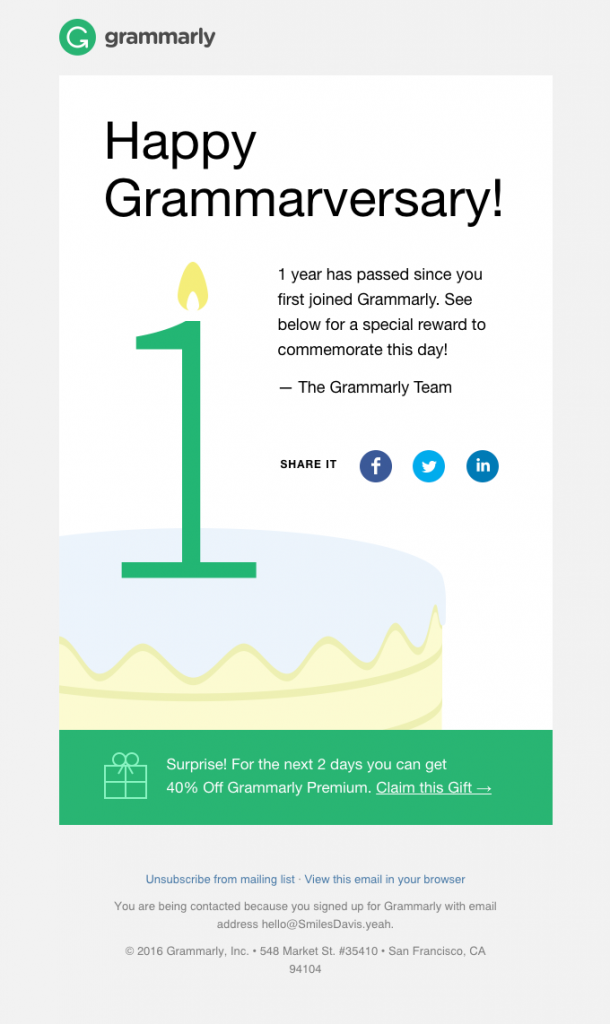 Grammarly customer anniversary email examples with discount offer