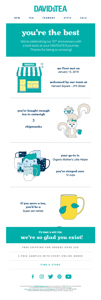 DAVIDsTEA customer and business anniversary email examples