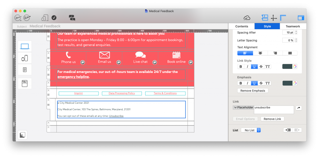 Nachteile von SMTP umfassen schlechtes Management von Abmeldungen: Hinzufügen eines Abmeldelinks in ein E-Mail-Design in Mail Designer