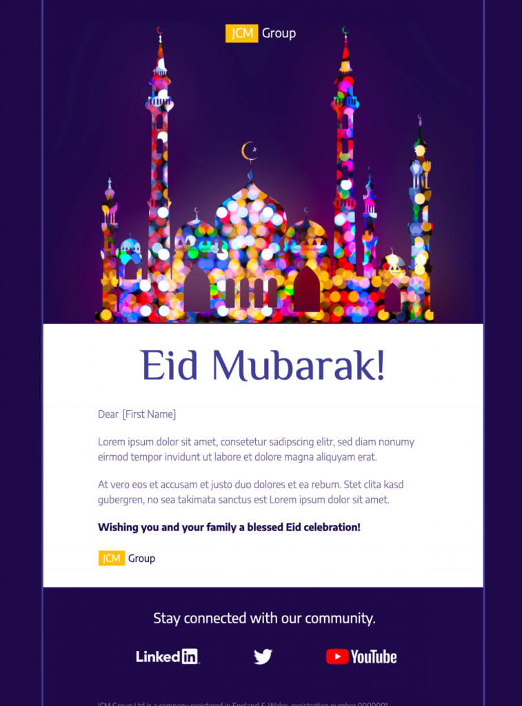 An Eid Mubarak email template featuring a vibrant, colorful mosque illustration under a moon and star, with text below that reads "Eid Mubarak!" and placeholder body text. The email includes a "Wishing you and your family a blessed Eid celebration!" message and links to LinkedIn, Twitter, and YouTube. A mobile-ready email design built in Mail Designer 365, perfect for newsletters and campaigns.