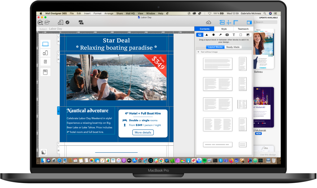 How to reduce email size by minimizing layout blocks in Mail Designer 365, shown on a MacBook Pro