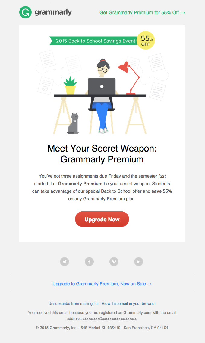 Grammarly back to school email campaign with a student discount banner