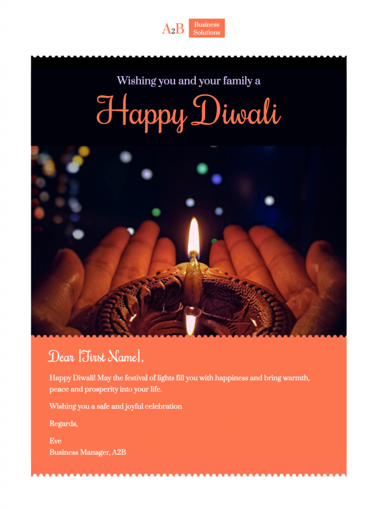 A vibrant Happy Diwali email template from "A2B Business Solutions," featuring hands holding a lit diya. This design was created by Mail Designer 365 and includes mobile and desktop versions, ensuring it's a responsive HTML email design optimized for newsletters and created with Mail Designer 365.