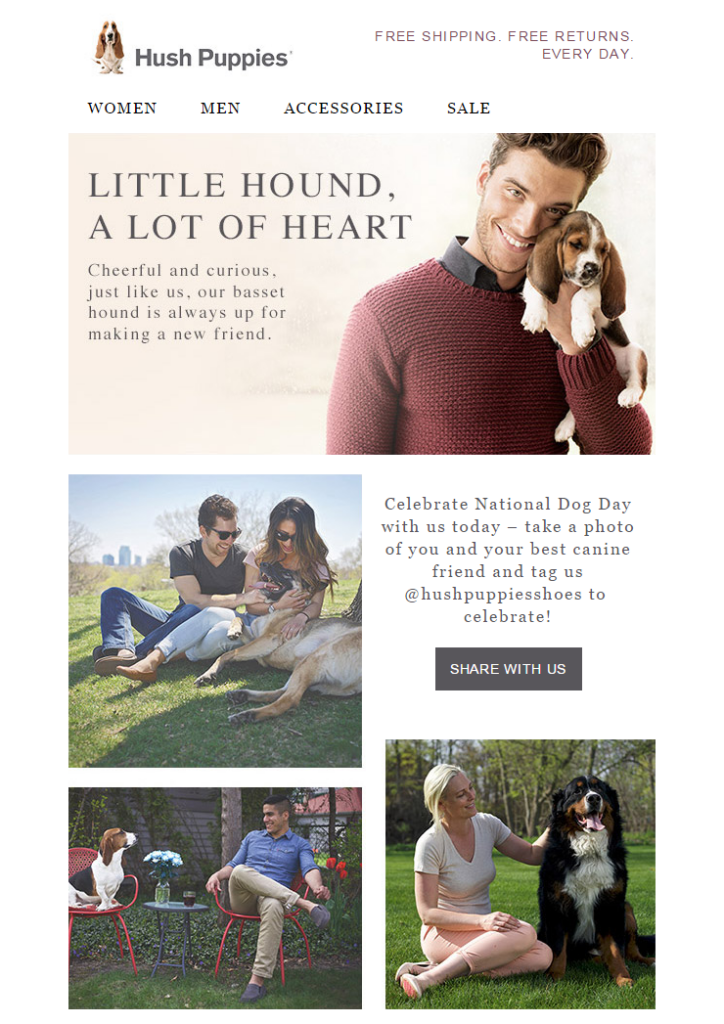 Summer newsletter idea for National Dog Day featuring Hush Puppies campaign with pets and owners enjoying time outdoors.