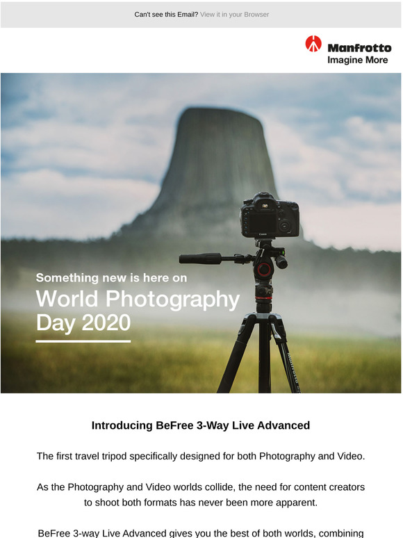 Summer newsletter idea for World Photography Day featuring a camera on a tripod with scenic background.