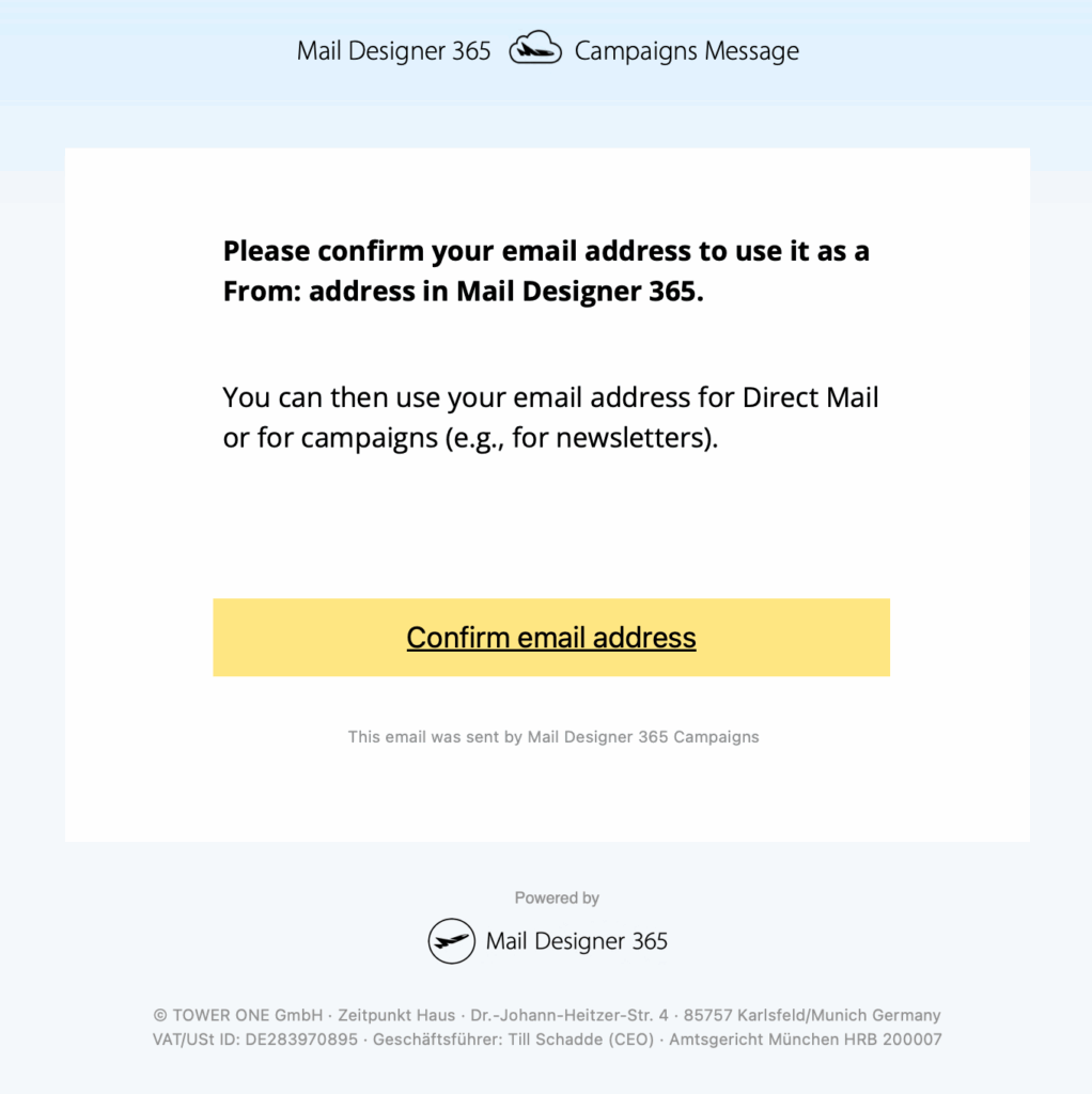 Bestätigungs-E-Mail zur Verifizierung einer Absenderadresse in Mail Designer 365