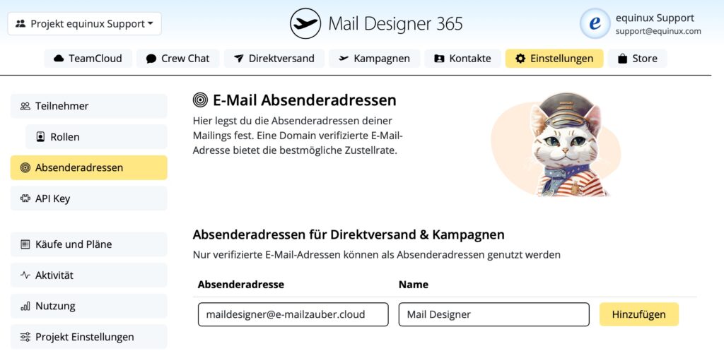 Absenderadresse hinzufügen in Mail Designer 365 unter Einstellungen und Absenderadressen