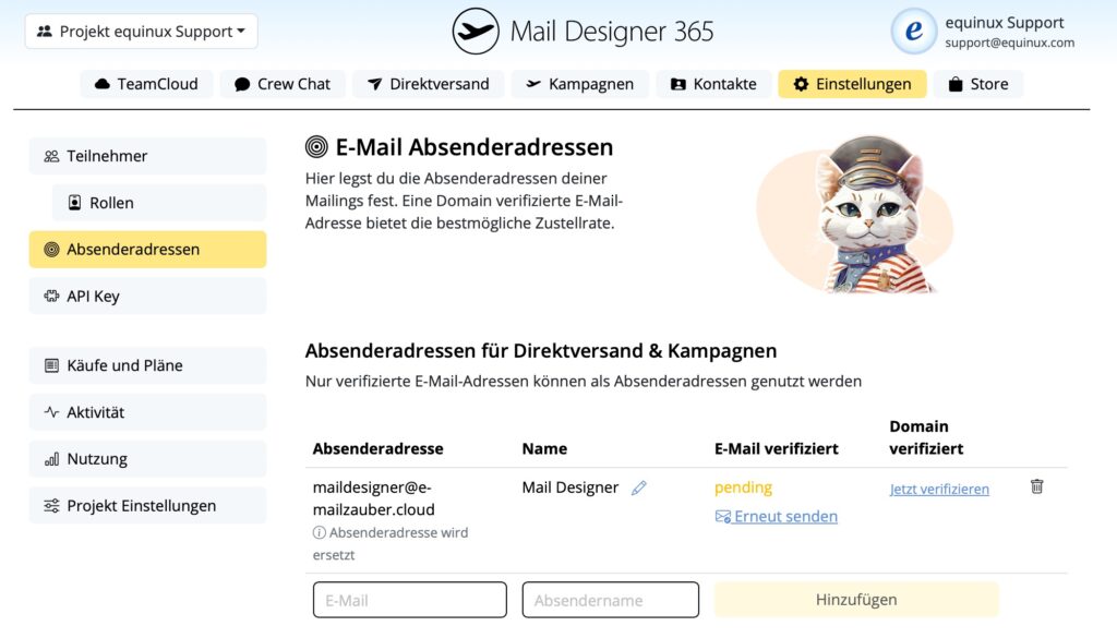 Hinzugefügte Absenderadresse in Mail Designer 365 mit ausstehender Verifizierung