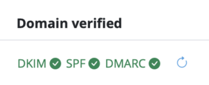 Verified domains view in Mail Designer 365 showing DKIM SPF and DMARC setup