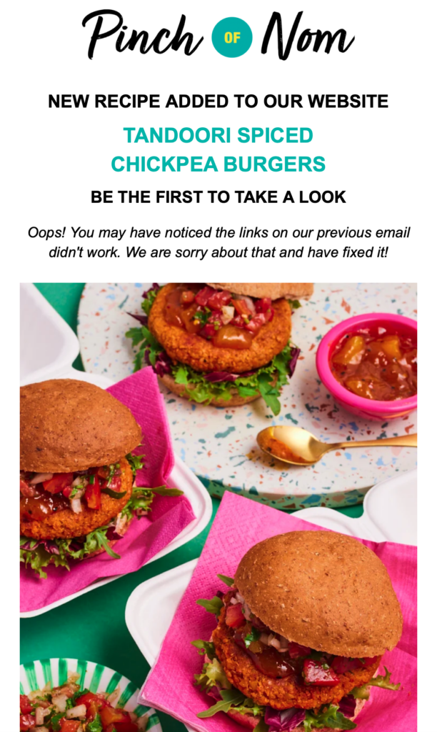 apology email after wrong link in email campaign example by Pinch of Nom