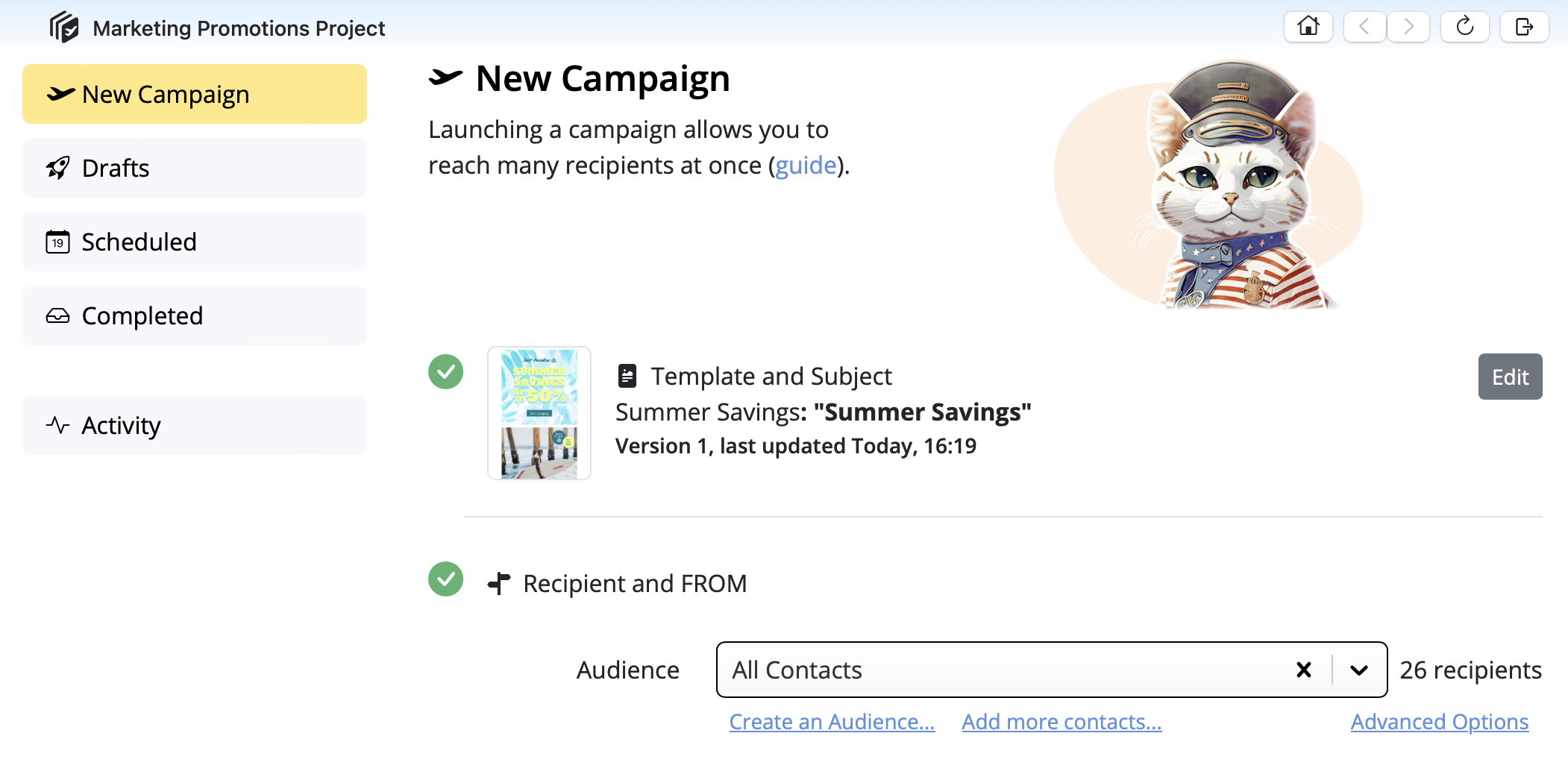 A screenshot of Mail Designer 365's "New Campaign" interface. The left sidebar shows "New Campaign" highlighted, with options for "Drafts," "Scheduled," "Completed," and "Activity" below it. The main content area features a large illustration of a cat wearing a nautical-themed hat and scarf on the right. On the left, two sections are visible: "Template and Subject," displaying "Summer Savings: 'Summer Savings'" with "Version 1, last updated Today, 16:19," and an "Edit" button. Below this is the "Recipient and FROM" section, which shows "Audience" set to "All Contacts" and indicates "26 recipients." Options to "Create an Audience," "Add more contacts...", and "Advanced Options" are also visible.